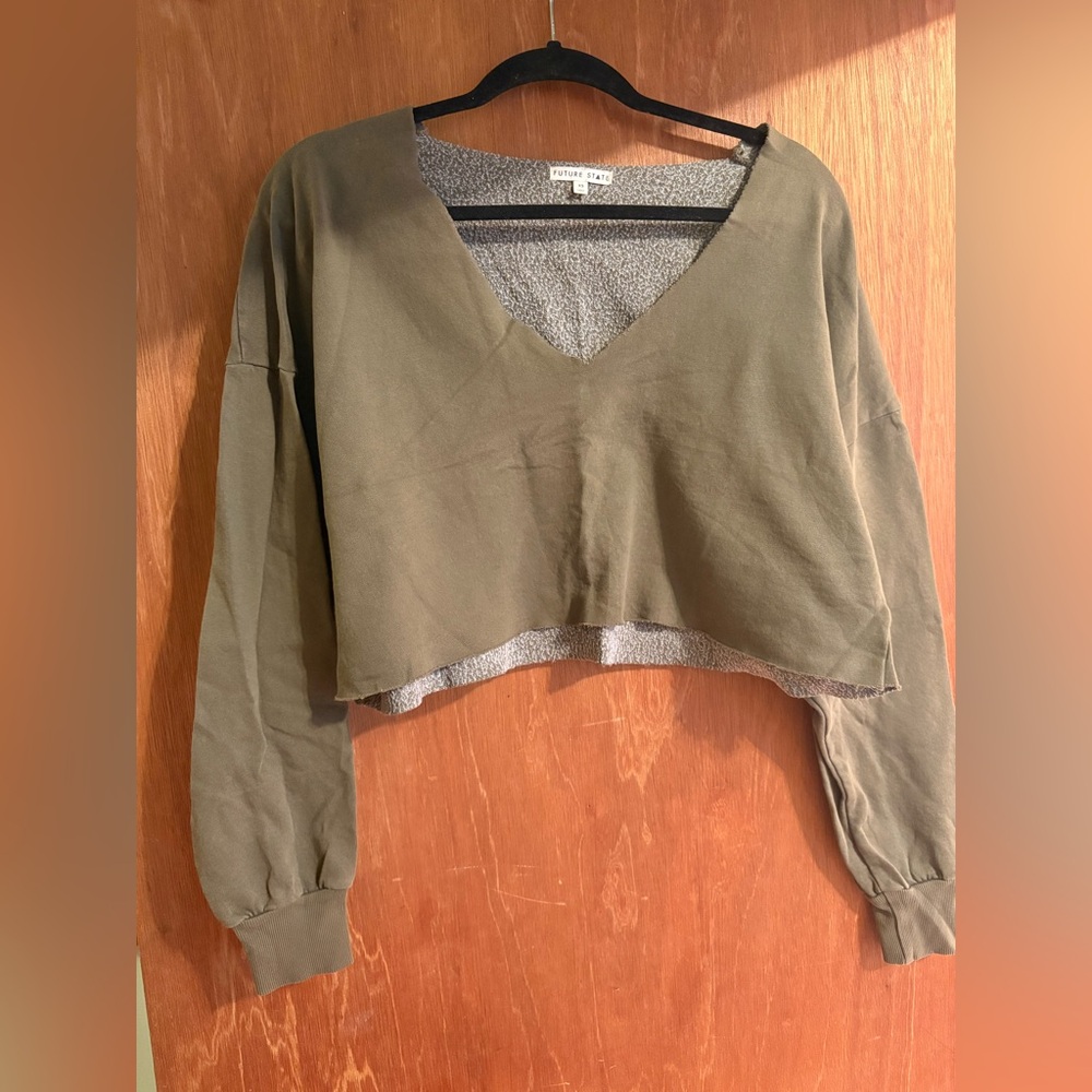 Future State Olive Green V-Neck Cropped Sweatshirt